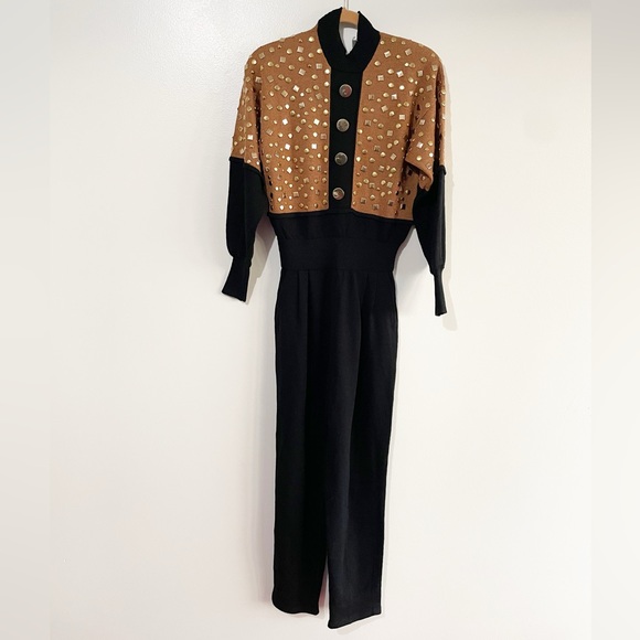 Lillie Rubin Gold Studded Jumpsuit Black Tan Vintage 1980s 80s Small